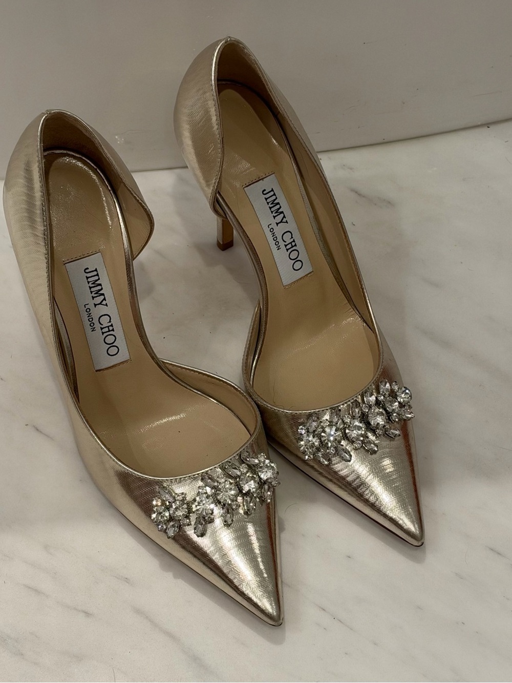 Jimmy Choo Champagne Metallic Pointed-Toe Crystal Pumps